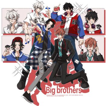 1girl 5boys :< :3 :d ahoge ankle_boots antenna_hair aohitsugi_nemu aohitsugi_samatoki aqua_eyes aqua_necktie aqua_streaks arm_at_side badge bags_under_eyes bandaid baseball_cap bead_bracelet beads belt belt_buckle black_belt black_boots black_border black_hair black_jacket black_pants black_shirt black_shoes black_suit blue_hat blue_jacket blue_pants boots border bracelet brother_and_sister brothers brown_belt buckle buster_bros!!! button_badge candy captive_bead_ring cellphone chibi choppy_bangs closed_eyes clothes_around_waist collarbone collared_shirt colored_eyelashes commentary cookie crumbs curtained_hair denim dress_pants dress_shoes drop_shadow ear_piercing eyelashes fang film_grain fingernails flip_phone floating food formal_clothes full_body furrowed_brow gingham_clothes gingham_shirt gold_bracelet green_eyes grey_pants grid_print grin hair_between_eyes hand_in_pocket hand_sanitizer hand_up hat head_tilt headphones headphones_around_neck heterochromia highres holding holding_bandaid holding_mini_person holding_phone hood hood_down hoodie hypnosis_mic index_finger_raised inset_border jacket jacket_over_hoodie jeans jewelry kannonzaka_doppo lace-up_boots lanyard legs_apart letterman_jacket light_blush long_belt long_sleeves looking_at_viewer marshmallow merchandise mini_person mini_person_on_head mini_person_on_shoulder miniboy minigirl mole mole_under_eye mole_under_mouth multicolored_hair multicolored_jacket multiple_boys multiple_bracelets multiple_moles multiple_piercings multiple_rings multiple_views necktie object_request open_clothes open_jacket open_mouth orange_hair outline outstretched_arm pants pants_tucked_in parted_bangs partially_unbuttoned peanut_mouth phone piercing piercing_hole pink_background pink_eyes pinstripe_pattern pinstripe_shirt piyo_pyococh1 pointing pointing_at_another portrait print_shirt raised_inner_eyebrows rectangular_mouth red_eyes red_hat red_jacket ring salaryman shirt shirt_around_waist shirt_tucked_in shoes short_hair short_sleeves siblings silver_ring simple_background skull_print small_sweatdrop smile sneakers sparkle spread_fingers streaked_hair suit suit_jacket talking_on_phone tareme teeth throwing throwing_food thumb_ring torn_clothes torn_pants trait_connection translation_request triangle_necklace twitter_username two-tone_hat two-tone_jacket u_u unmoving_pattern upper_teeth_only v-shaped_eyebrows watermark watermark_grid wet_wipes white_background white_hair white_hoodie white_jacket white_outline white_shirt wolf_cut wrapped_candy yamada_ichiro yamada_jiro yamada_saburo yellow_eyes zipper zipper_pull_tab