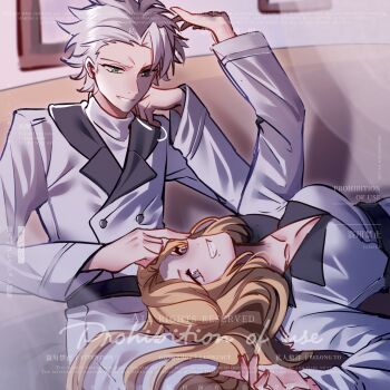 Rule 34 | 1boy, 1girl, alternate costume, bleach, blonde hair, breasts, cleavage, coat, commentary, grin, highres, hitsugaya toushirou, hitsuran99, lap pillow, large breasts, matsumoto rangiku, mole, mole under mouth, official alternate costume, red nails, sample watermark, smile, turtleneck, wandenreich uniform, watermark, white coat, white hair