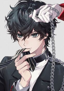 2boys akechi_gorou amamiya_ren animal_collar black_collar black_eyes black_hair black_jacket chain chain_leash closed_mouth collar doran_(doran7280) fingernails gloves hair_between_eyes hand_up highres holding holding_chain holding_leash holding_necktie jacket lapels leash long_sleeves looking_ahead male_focus messy_hair multiple_boys no_eyewear out_of_frame persona persona_5 school_uniform shirt short_hair shuujin_academy_school_uniform simple_background solo_focus white_background white_gloves white_shirt