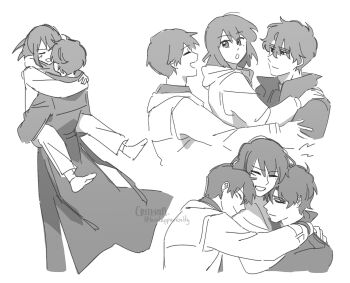 1girl 2boys :o arm_around_neck barefoot black_coat carrying coat criteria full_body greyscale grin group_hug han_sooyoung highres hood hood_down hoodie hug kim_dokja monochrome multiple_boys omniscient_reader&#039;s_viewpoint open_clothes open_coat outstretched_legs popped_collar short_hair smile white_coat yoo_joonghyuk