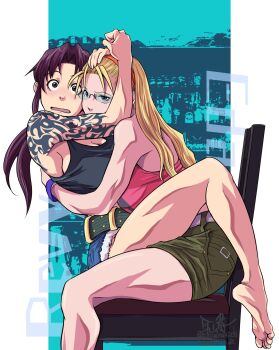 Rule 34 | 2girls, artist name, bare shoulders, barefoot, belt, black lagoon, blonde hair, blue eyes, breasts, brown eyes, brown hair, caught, chair, cleavage, crop top, denim, denim shorts, eda (black lagoon), fur-trimmed shorts, fur trim, glasses, hairband, highres, hug, large breasts, long hair, mimiyama kiichi, multiple girls, ponytail, revy (black lagoon), short shorts, shorts, shoulder tattoo, straddling, sunglasses, surprised, tank top, tattoo, tribal tattoo, yuri