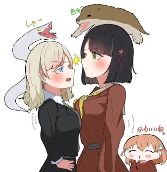 3girls :d absurdres animal_request asymmetrical_docking black_hair black_jacket blue_eyes blunt_bangs blunt_ends blush bob_cut breast_press breasts brown_dress ceras_yanagida_lilienfeld chibi chibi_inset closed_mouth collared_shirt crossed_bangs dress dress_shirt eye_contact flower flower_knot glaring green_eyes green_necktie grey_hair hair_flower hair_ornament hair_ribbon hand_on_own_hip hasu_no_sora_school_uniform heart highres hinoshita_kaho jacket large_breasts lightning_glare link!_like!_love_live! long_hair long_sleeves looking_at_another love_live! marubun medium_hair mizukawa_school_uniform momose_ginko motion_lines multiple_girls neckerchief necktie open_mouth orange_hair pink_ribbon pleated_dress rabbit_hair_ornament red_neckerchief ribbon sailor_collar sailor_dress school_uniform shirt short_hair simple_background smile snake swept_bangs two_side_up v-shaped_eyebrows virtual_youtuber white_background white_sailor_collar white_shirt white_snake winter_uniform yellow_neckerchief