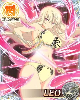 Rule 34 | 1girl, aquarius (symbol), aries (symbol), aura, blonde hair, bow, bow bra, bra, breasts, cancer (symbol), capricorn (symbol), card (medium), character name, cleavage, closed mouth, dodecagram, drawing sword, energy, energy sword, floating hair, frown, gemini (symbol), groin, hair between eyes, holding, holding sheath, holding sword, holding weapon, large breasts, leo (senran kagura), leo (symbol), libra (symbol), long hair, looking at viewer, navel, official art, outside border, panties, pisces (symbol), purple eyes, sagittarius (symbol), scabbard, school emblem, scorpio (symbol), senran kagura, senran kagura new wave, sheath, solo, sword, taurus (symbol), underwear, unsheathing, v-shaped eyebrows, very long hair, virgo (symbol), weapon, yellow bra, yellow panties, zodiac wheel