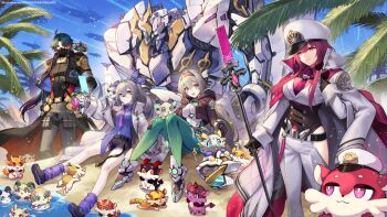 1boy 3girls alternate_costume black_gloves black_shoes black_shorts blade_(honkai:_star_rail) bodysuit closed_mouth coat firefly_(honkai:_star_rail) glasses gloves grey_hair honkai:_star_rail honkai_(series) hoyofair jacket kafka_(honkai:_star_rail) knees_up long_hair long_sleeves multiple_girls nakamura_eight necktie open_clothes open_coat open_jacket open_mouth outdoors purple_hair purple_socks shirt shoes shorts silver_wolf_(honkai:_star_rail) sitting smile socks standing