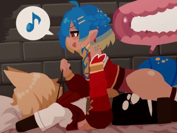 1futa 1girl ahoge animal_ears animated animated_gif blonde_hair blue_hair blue_scales cat_ears cat_girl cat_tail cats_&amp;_crypts censored commission dark_skin detached_sleeves dot_harai earrings futa_with_female futanari girl_on_top gold_choker highres holding holding_leash jewelry leash lizard_tail looking_down looping_animation lying multicolored_hair musical_note natasha_(cats_&amp;_crypts) on_bed on_stomach original red_scarf reptile_girl scales scarf sex shirt short_hair shorts skeb_commission smug tail torn_clothes torn_shorts vaginal white_shirt