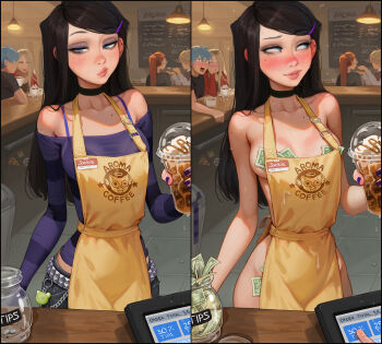 1girl apron aroma_sensei banknote bare_shoulders before_and_after belt_charm black_hair blush cafe chain_belt charm_(object) choker clothed_male_nude_female collarbone cum cum_on_clothes denim dollar_bill ear_piercing eyeshadow flying_sweatdrops frappuccino freckles hair_ornament hairclip half-closed_eye highres holding implied_prostitution jeans long_hair long_sleeves looking_to_the_side makeup midriff_peek mole mole_on_collarbone money money_between_breasts naked_apron name_tag nervous_sweating nude off-shoulder_sweater off_shoulder original pants piercing pout prostitution public_indecency public_nudity purple_nails purple_sweater raised_eyebrow sideways_glance smile standing sweat sweatdrop sweater tip_jar tucked_money yellow_apron