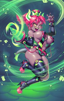 1girl @_@ alternate_color armlet bare_shoulders black_thighhighs bowsette breasts claw_pose dark-skinned_female dark_skin detached_sleeves drill_hand earrings fingernails full_body green_eyes high_heels highres horns jewelry large_breasts leotard long_hair looking_at_viewer mario_(series) monster_girl multicolored_eyes navel new_super_mario_bros._u_deluxe nintendo open_mouth pointy_ears ponytail red_eyes red_footwear red_hair revealing_clothes sharp_fingernails sideboob skindentation smile solo spiked_armlet super_crown super_mario_bros._wonder supersatanson tail thighhighs