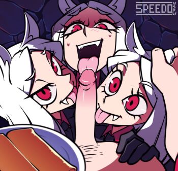 1boy 3girls animal_ears animated animated_gif black_gloves cerberus_(helltaker) cooperative_fellatio dog_ears erection eyelashes fangs fellatio food formal_clothes gloves headpat helltaker highres licking licking_penis long_hair looking_at_viewer looping_animation multiple_girls necktie open_mouth oral pancake penis plate pov red_eyes siblings sisters speedoru suit teamwork_(sexual) tongue tongue_out uncensored white_hair