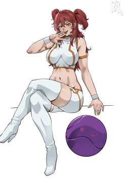 1girl absurdres arm_strap artist_logo bad_haro bare_shoulders boots breasts commentary commission covered_collarbone crop_top crossed_legs earrings english_commentary full_body groin gundam gundam_00 hair_between_eyes highres impossible_clothes impossible_shirt jewelry large_breasts logo long_hair looking_at_viewer midriff navel nena_trinity open_mouth porukima red_hair second-party_source shirt short_shorts shorts sidelocks simple_background sitting smile solo_focus teeth thigh_boots tongue tongue_out two_side_up upper_teeth_only white_background white_boots white_shirt white_shorts wristband yellow_eyes