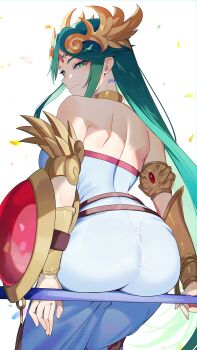 Rule 34 | 1girl, absurdres, ancient greek clothes, armlet, artist name, ass, back, bare shoulders, breasts, chiton, circlet, closed mouth, dress, forehead jewel, from behind, gold, greco-roman clothes, green eyes, green hair, highres, holding, holding staff, jewelry, kid icarus, kid icarus uprising, long hair, looking at viewer, median furrow, neck ring, nintendo, palutena, parted bangs, shield, shoulder blades, signature, simple background, smile, solo, staff, strapless, strapless dress, super smash bros., tiara, vambraces, very long hair, white background, white dress, yasaikakiage