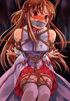 Rule 34 | 10s, 1girl, arms behind back, asuna (sao), bare shoulders, bdsm, blush, bondage, bound, braid, brown eyes, brown hair, captured, cleave gag, cloth gag, crying, detached sleeves, female focus, gag, gagged, improvised gag, long hair, looking at viewer, open mouth, pizza man, restrained, rope, saliva, shibari, shibari over clothes, skirt, solo, struggling, sword art online, tears, thighhighs, white thighhighs