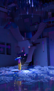 1girl 3d absurdres arrow_(symbol) artist_name blue_theme blue_umbrella coat dngu highres indoors original reflection stairs umbrella watermark web_address yellow_coat