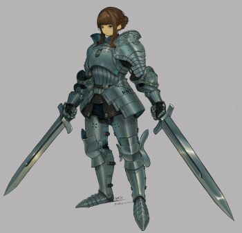1girl absurdres armor artist_name brown_eyes brown_hair closed_mouth commentary_request couter cuirass cuisses dual_wielding faulds full_body gauntlets greaves grey_background hair_bun hair_intakes highres holding holding_sword holding_weapon nanora original pauldrons plackart plate_armor poleyn rerebrace sabaton shoulder_armor sidelocks simple_background single_hair_bun solo standing sword weapon
