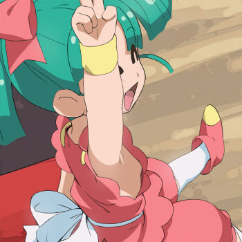 1girl :d ^_^ armpits back_bow bow breasts closed_eyes green_hair hair_bow haruyama_kazunori long_hair mashin_eiyuuden_wataru open_mouth ponytail shinobibe_himiko sideboob small_breasts smile solo v