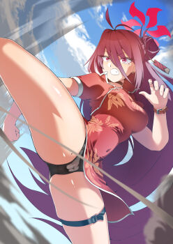 1girl belt black_panties blue_archive china_dress chinese_clothes clenched_teeth commentary_request dress fighting_stance hair_bun halo high_kick highres kicking leg_up long_bangs long_hair mole mole_on_thigh mole_under_eye panties pantyshot pelvic_curtain red_dress red_hair red_halo reijo_(blue_archive) saka_ryouka single_side_bun solo split standing standing_on_one_leg standing_split teeth thigh_belt thigh_strap underwear