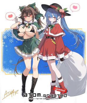 2girls alternate_hairstyle bell bikini black_bikini black_hat blue_hair blush boots bow breasts brown_hair capelet closed_mouth commentary_request full_body fur_trim green_bow green_capelet green_skirt hair_bow hat heart highres hinanawi_tenshi large_breasts long_hair multiple_girls navel neck_bell peach_hat_ornament rainbow_order red_boots red_eyes reiuji_utsuho sack signature skirt smile snowflakes spoken_heart swimsuit tetsurou_(fe+) touhou twintails twitter_username very_long_hair