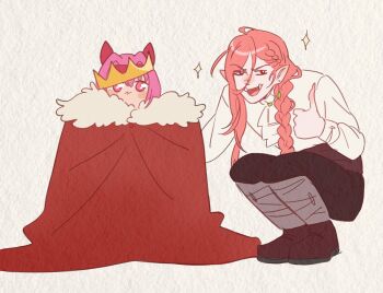 1boy 1girl :d alternate_costume animal_ears ascot bedrockcurse black_pants blush_stickers boots braid braided_ponytail brown_boots brown_sash cape closed_mouth commentary crown earrings english_commentary fangs full_body fur-trimmed_cape fur_trim hair_intakes hand_up haru_urara_(umamusume) headband highres horse_ears horse_girl jewelry long_hair long_sleeves looking_at_viewer minecraft_youtube open_mouth oversized_cape pants pink_eyes pink_hair pink_headband pointed_crown pointy_ears red_cape red_eyes shirt side_ponytail smile sparkle squatting straight-on technoblade thumbs_up tongue umamusume wavy_mouth white_ascot white_background white_shirt