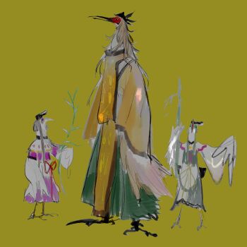 3girls absurdres animalization blonde_hair cerevevisiae full_body furry highres long_hair looking_at_another looking_to_the_side matara_okina multiple_girls nishida_satono teireida_mai touhou yellow_background