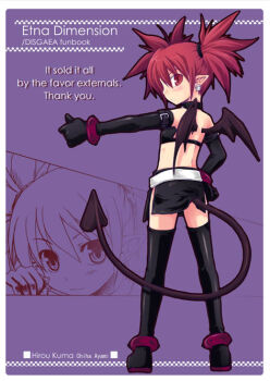 1girl artbook ayami_chiha bat_wings black_gloves black_thighhighs blush demon_girl demon_tail disgaea earrings elbow_gloves english_text engrish_text etna_(disgaea) exif_thumbnail_surprise female_focus gloves jewelry makai_senki_disgaea_2 midriff miniskirt outstretched_arm pointy_ears profile purple_background ranguage red_eyes red_hair short_hair shorts skirt solo standing tail thighhighs thumbs_down twintails wings zettai_ryouiki