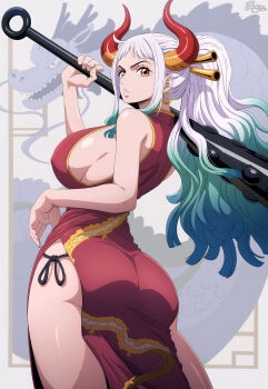 absurdres breasts china_dress chinese_clothes chinese_new_year chinese_zodiac club_(weapon) dress earrings hair_ornament hair_stick highres horn horns jemmasoria jewelry large_breasts light_smile long_hair looking_back multicolored_hair one_piece orange_eyes parted_lips standing yamato_(one_piece) year_of_the_dragon