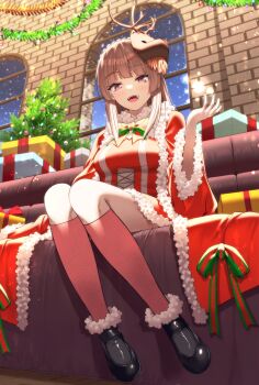 1girl :d absurdres antlers blunt_bangs bow box breasts brown_hair christmas christmas_lights christmas_ornaments christmas_present christmas_tree commentary_request couch dress fangs full_body fur-trimmed_dress fur_trim gift gift_box heaven_burns_red highres horns indoors kiryuu_miya kneehighs long_hair looking_at_viewer mask mask_on_head medium_breasts metako_(slime_shop) night open_mouth pink_eyes red_dress red_eyes red_socks ribbon shoes sitting smile socks solo wide_sleeves window