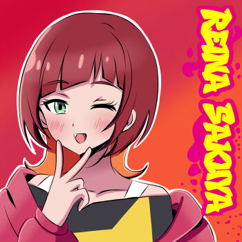 blush digimon digimon_beatbreak fang highres jacket mura-kun sakuya_reina short_hair star_(symbol) wings