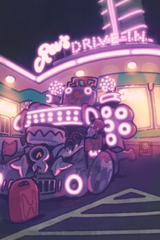 car container diner drinking drinking_gasoline exhaust_pipe gas gas_can highres motor_vehicle neon_lights neon_sign night nintendo no_humans outdoors parking_lot petite_echorizon pokemon pokemon_(creature) revavroom