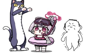 1girl bandaged_arm bandages blue_archive doodle_sensei_(blue_archive) gauze gauze_on_cheek grey_hair halo height_chart innertube leviathan_lvat long_hair longcat_(meme) meme open_mouth red_eyes red_halo sensei_(blue_archive) shuro_(blue_archive) snorkel swim_ring