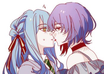 2girls alt_text bang_dream! bang_dream!_it's_mygo!!!!! black_choker black_ribbon blazer blue_hair choker collared_shirt eye_contact green_necktie grey_shirt hair_ribbon haneoka_school_uniform jacket lolitesapphire long_hair looking_at_another multiple_girls necktie off-shoulder_shirt off_shoulder pink_eyes purple_hair ribbon school_uniform shirt short_hair togawa_sakiko tongue tongue_out two_side_up white_shirt yellow_eyes yuri yuutenji_nyamu