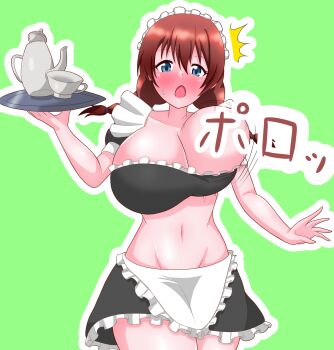 1girl apron blue_eyes blush braid breasts censored censored_by_text convenient_censoring emma_verde green_background highres huge_breasts long_hair looking_at_viewer love_live! love_live!_nijigasaki_high_school_idol_club maid maid_apron maid_headdress marurumadoka midriff motion_lines navel no_bra no_freckles notice_lines one_breast_out open_mouth red_hair simple_background solo standing surprised sweatdrop translation_request tray twin_braids wardrobe_malfunction