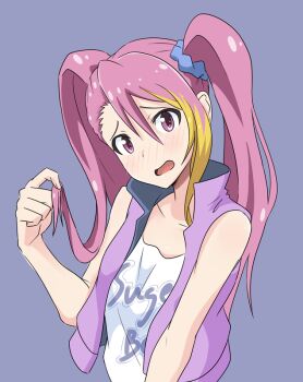 Rule 34 | 1girl, alternate hairstyle, bare shoulders, blue background, blue scrunchie, blush, clothes writing, female focus, hair between eyes, hair ornament, hair scrunchie, hige (com), idolmaster, idolmaster million live!, long hair, looking at viewer, maihama ayumu, multicolored hair, nose blush, open clothes, open mouth, open vest, pink eyes, pink hair, purple vest, scrunchie, solo, streaked hair, tank top, twintails, vest