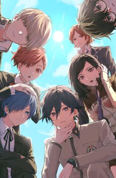 2girls 5boys absurdres amamiya_ren amano_maya black_eyes black_hair blue_eyes blue_hair bow bowtie commentary earrings everyone gakuran gekkoukan_high_school_uniform grey_hair highres jewelry looking_up mnce_o multiple_boys multiple_girls narukami_yu necktie persona persona_1 persona_2 persona_2_batsu persona_2_tsumi persona_3 persona_3_portable persona_4 persona_5 purple_eyes purple_necktie red_bow red_bowtie red_eyes red_hair school_uniform seven_sisters_high_school_uniform shiomi_kotone shuujin_academy_school_uniform st._hermelin_school_uniform suou_tatsuya symbol-only_commentary toudou_naoya yasogami_school_uniform yuuki_makoto_(persona_3)