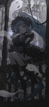 1girl absurdres bare_shoulders blue_eyes dress flower frills gloves hat highres short_hair sitting twintails