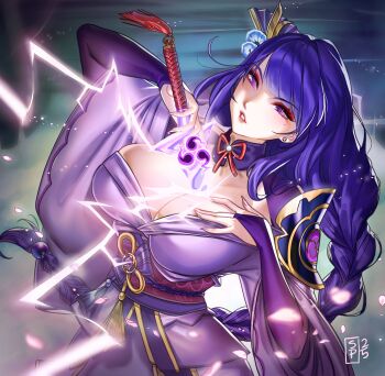 1girl absurdres artist_name blunt_bangs braid breasts bridal_gauntlets cleavage commentary commission drawing_sword earrings electricity english_commentary eyeliner fan_hair_ornament genshin_impact gigantic_breasts glowing glowing_sword glowing_weapon hair_ornament highres holding holding_sword holding_weapon huge_breasts human_scabbard japanese_clothes jewelry kimono long_braid long_hair makeup mitsudomoe_(shape) mole mole_under_eye multicolored_hair musou_isshin_(genshin_impact) purple_eyes purple_hair purple_kimono raiden_shogun red_eyeliner red_sash sash single_braid snazzypumpkin solo standing streaked_hair sword sword_between_breasts tomoe_(symbol) upper_body weapon wide_sleeves