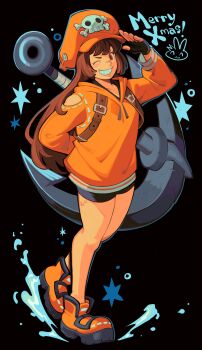 1girl ;d absurdres anchor arm_behind_back bike_shorts black_background black_gloves black_shorts brown_eyes brown_hair commentary english_commentary fingerless_gloves full_body gloves guilty_gear guilty_gear_strive hat highres jacket long_hair long_sleeves may_(guilty_gear) merry_christmas one_eye_closed open_mouth orange_hat orange_jacket orange_shoes shoes shorts skull_and_crossbones smile solo sorrysap teeth