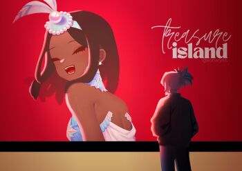 2girls :d amaryllis_(dr._stone) artist_name bare_shoulders brown_hair closed_eyes dark-skinned_female dark_skin dr._stone dress earrings from_behind hands_in_pockets implied_yuri ishigami_senkuu jacket jewelry koharyllis meme multiple_girls open_mouth ponytail short_ponytail sidelocks smile teeth twitter_username veil_scene_14_redraw_(meme) yuri