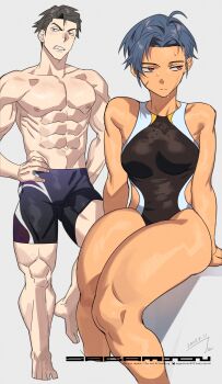 Rule 34 | 1boy, 1girl, abs, artist name, biceps, black one-piece swimsuit, blue hair, broad shoulders, brown eyes, brown hair, calves, dated, facial scar, grey background, groin, hand on own hip, highres, large pectorals, looking to the side, male swimwear, muscular, muscular male, nipples, one-piece swimsuit, original, parted lips, pectorals, purple male swimwear, red eyes, sagami jon, scar, scar on cheek, scar on face, shiny skin, short hair, signature, simple background, swim trunks, swimsuit, thick thighs, thighs, watermark, wet