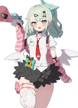 1girl absurdres arm_warmers bandaid bandaid_hair_ornament black_skirt collar collarbone cowboy_shot earrings frilled_sleeves frills fur-trimmed_skirt fur_trim green_eyes green_hair hair_ornament heart heart_hair_ornament highres holding holding_megaphone jewelry looking_at_viewer megaphone multicolored_eyes multiple_hair_clips multiple_thigh_straps musical_note_earrings necktie open_mouth pink_arm_warmers pink_bag pink_eyes pink_nails red_necktie shirt simple_background skirt solo striped_arm_warmers sunna_(zenless_zone_zero) thigh_strap thighs w.k white_background white_shirt white_wings winged_bag wings zenless_zone_zero