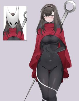 1girl absurdres arknights averting_eyes black_bodysuit black_eyes black_hairband blush bodysuit breasts brown_hair cameltoe cloak closed_mouth cosplay covered_navel dr.deims_(dim5s) embarrassed grey_background grey_hairband groin hair_between_eyes hairband high_collar highres holding holding_weapon hollow_knight hollow_knight:_silksong hornet_(hollow_knight) hornet_(hollow_knight)_(cosplay) large_breasts mask medium_hair multiple_views priestess_(arknights) red_cloak simple_background skin_tight standing thigh_gap weapon
