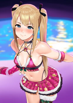 1girl bikini bikini_skirt blonde_hair blue_eyes blush breasts dead_or_alive fur-trimmed_bikini fur_trim hadacra highres long_hair looking_at_viewer marie_rose navel pool small_breasts smile solo star_(symbol) star_print swimsuit twintails