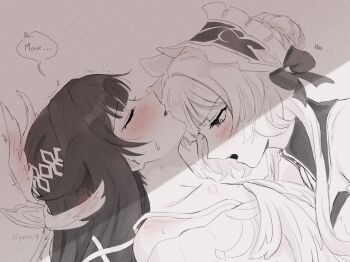 2girls bite_mark blush bow closed_eyes collarbone columbina_(genshin_impact) commentary english_commentary english_text facing_up genshin_impact hair_bow head_tilt headdress kaiyamon long_hair looking_at_another monochrome multiple_girls open_mouth sandrone_(genshin_impact) spot_color upper_body yuri