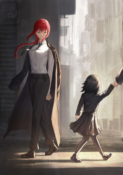 2girls absurdres angelo_(angeloart26) arm_behind_back black_coat black_hair black_necktie black_pants black_pantyhose black_shirt black_shoes black_skirt black_socks braid braided_ponytail building chainsaw_man child coat coat_on_shoulders collared_shirt denji_(chainsaw_man) dress_shirt dress_shoes facing_another facing_viewer floating_clothes floating_hair grey_sky hair_between_eyes highres holding_hands long_coat long_hair long_sleeves looking_at_another makima_(chainsaw_man) mary_janes mature_female medium_skirt multiple_girls nayuta_(chainsaw_man) necktie orange_eyes own_hands_together oxfords pants pantyhose parted_bangs red_hair road shirt shoes short_hair sidelocks single_braid skirt sky socks street walking white_shirt