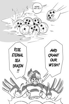 1girl alternate_universe breasts bulma comic commentary dragon_ball dragon_ball_(object) dragonball_z english_text funsexydb glowing greyscale highres large_breasts long_hair mermaid monochrome monster_girl ocean speech_bubble splashing summoning