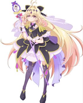 Rule 34 | 1girl, antenna hair, black capelet, blonde hair, brooch, capelet, closed mouth, commentary request, cure arcana shadow, diamond hairband, frilled capelet, frilled cuffs, frills, full body, gradient hair, hair intakes, heart, heart brooch, highres, holding, holding rod, jewelry, long hair, magical girl, meitantei precure!, moria luluka, multicolored hair, pink eyes, pink hair, precure, purple thighhighs, purple veil, rod, sauna detective, smile, solo, tear arcana rod, thighhighs, veil, very long hair, zettai ryouiki