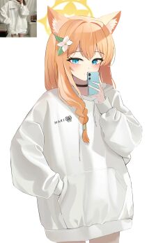 1girl absurdres animal_ear_fluff animal_ears blue_archive blue_eyes blush braid cat_ears cat_girl cellphone closed_mouth halo hand_in_pocket highres holding holding_phone hood hoodie long_hair long_hoodie looking_at_viewer lunar_(pixiv53683306) mari_(blue_archive) no_pants orange_hair phone sidelocks single_braid smartphone smile solo white_hoodie yellow_halo