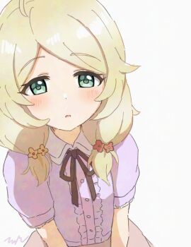 1girl aayh adversarial_noise blonde_hair blush brown_ribbon brown_skirt center_frills collared_shirt commentary_request dress_shirt frills grey_background grey_hair hair_over_shoulder idolmaster idolmaster_cinderella_girls looking_at_viewer low_twintails parted_bangs parted_lips purple_shirt ribbon shirt simple_background skirt solo twintails yusa_kozue