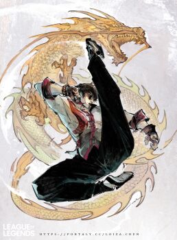 1boy character_request chinese_clothes claws dragon eastern_dragon highres kicking league_of_legends loiza male_focus round_eyewear short_hair solo sunglasses whiskers