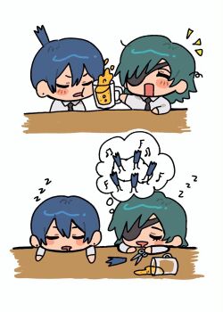 Rule 34 | 1boy, 1girl, alcohol, beer, beer mug, blue hair, blush, chainsaw man, chibi, closed eyes, cup, cutting hair, dancing, dolphin cat, dreaming, drunk, eyepatch, green hair, hayakawa aki, highres, himeno (chainsaw man), holding, holding scissors, mug, necktie, saliva, scissors, shirt, sleeping, speech bubble, squeans, tagme, thought bubble, topknot, white shirt, zzz