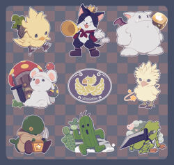 Rule 34 | alternate form, brown footwear, buster sword, cactus, cait sith (ff7), chocobo, cloud strife, commentary, crown, dice, final fantasy, final fantasy vii, final fantasy vii rebirth, final fantasy vii remake, frog, from behind, full body, highres, holding, holding knife, knife, mini crown, moogle, mushroom, no humans, sabotender, saki (hxaxcxk), sitting, standing, star (symbol), sword, tonberry, weapon, weapon on back
