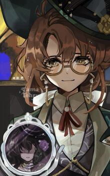 2girls artist_name black_vest brown_hair cama_(camatohru) closed_mouth collared_shirt eyewear_strap glasses green_eyes green_hat green_jacket hat highres isolde_(reverse:1999) jacket kakania_(reverse:1999) long_hair looking_at_viewer mirror multiple_girls neck_ribbon red_ribbon reflection reverse:1999 ribbon semi-rimless_eyewear shirt smile solo_focus under-rim_eyewear upper_body vest waistcoat white_shirt yellow-framed_eyewear